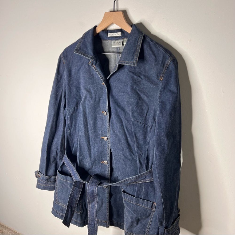 Villager Sport Dark Blue Jean Jacket with Belt Chore Pockets XL Vintage Denim - Picture 2 of 9